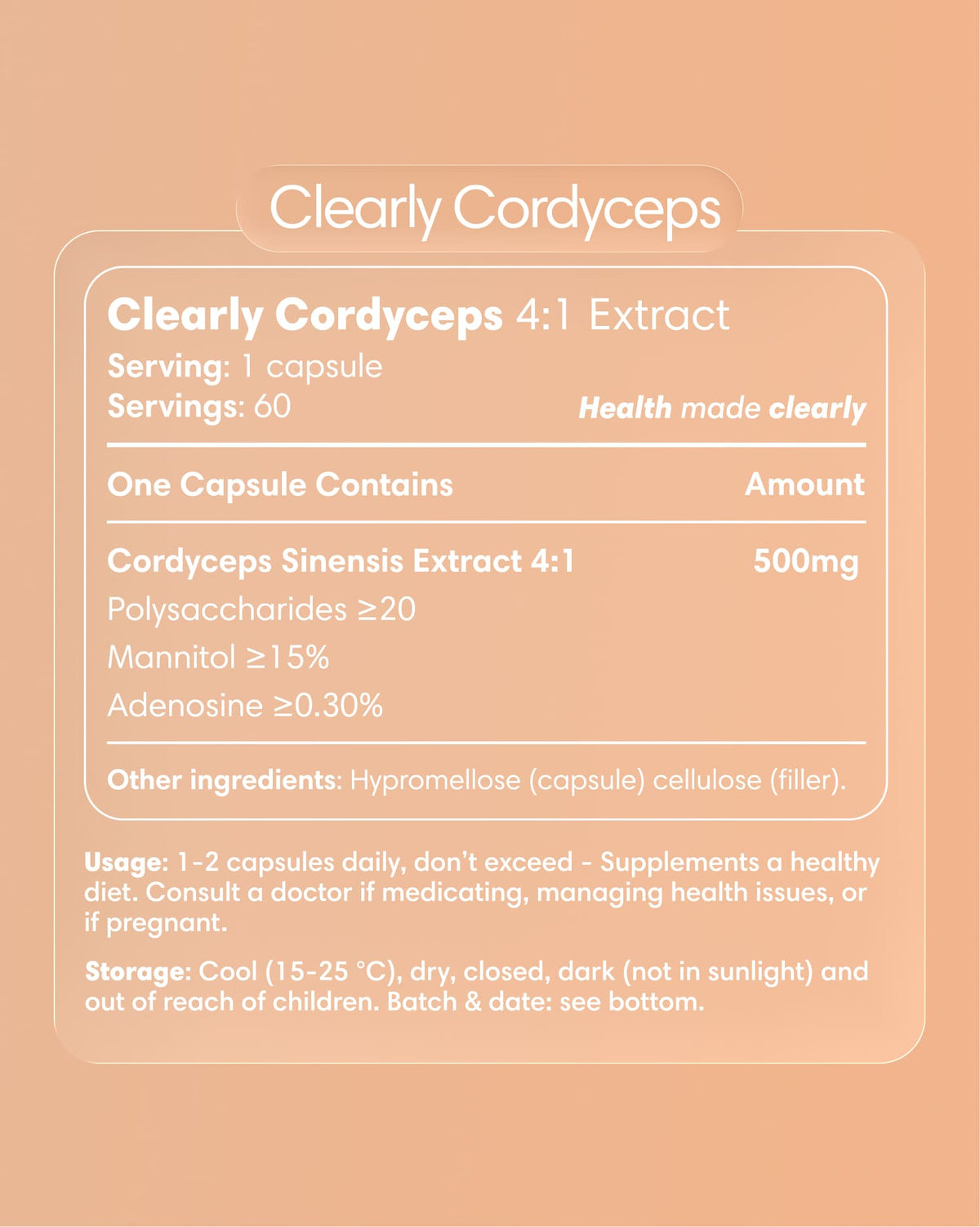 Clearly brand Cordyceps capsules with label showing product details and packaging in a natural, informative shot.