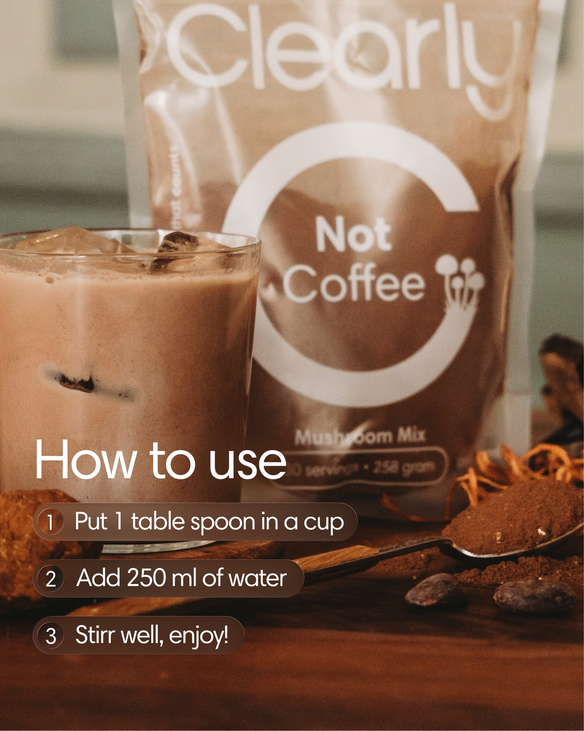 Clearly Not Coffee powder in a jar with a scoop, ready to be mixed for a coffee substitute.