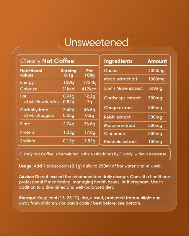 Voedingswaarde- en ingrediëntenlabel voor Clearly Not Coffee Unsweetened, met cacao en functionele paddenstoelenextracten zonder toegevoegde suikers.