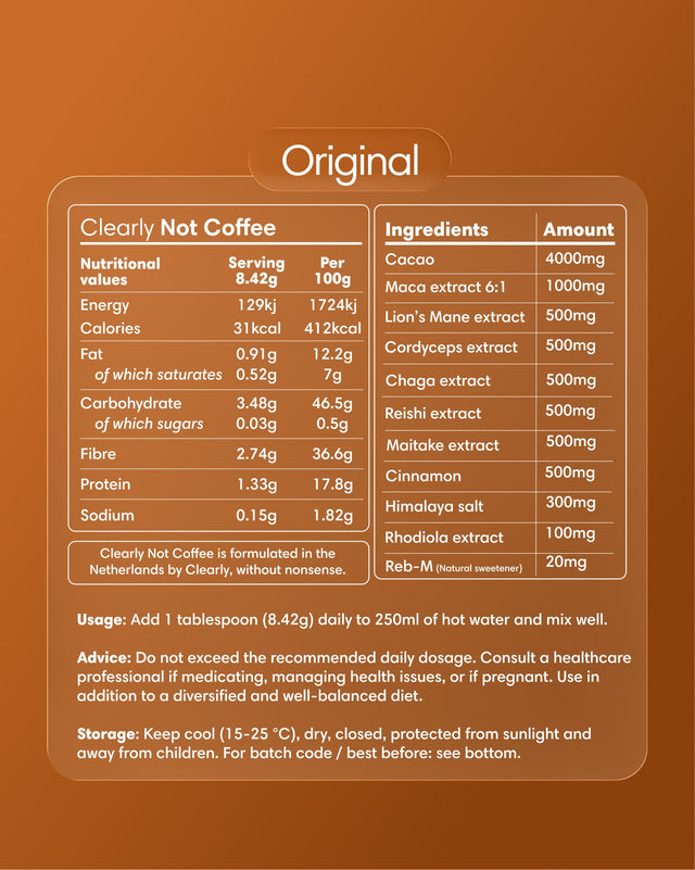Voedingswaarde- en ingrediëntenlabel voor Clearly Not Coffee Original, met cacao, Lion’s Mane, Cordyceps, Chaga, Rhodiola en andere natuurlijke extracten.